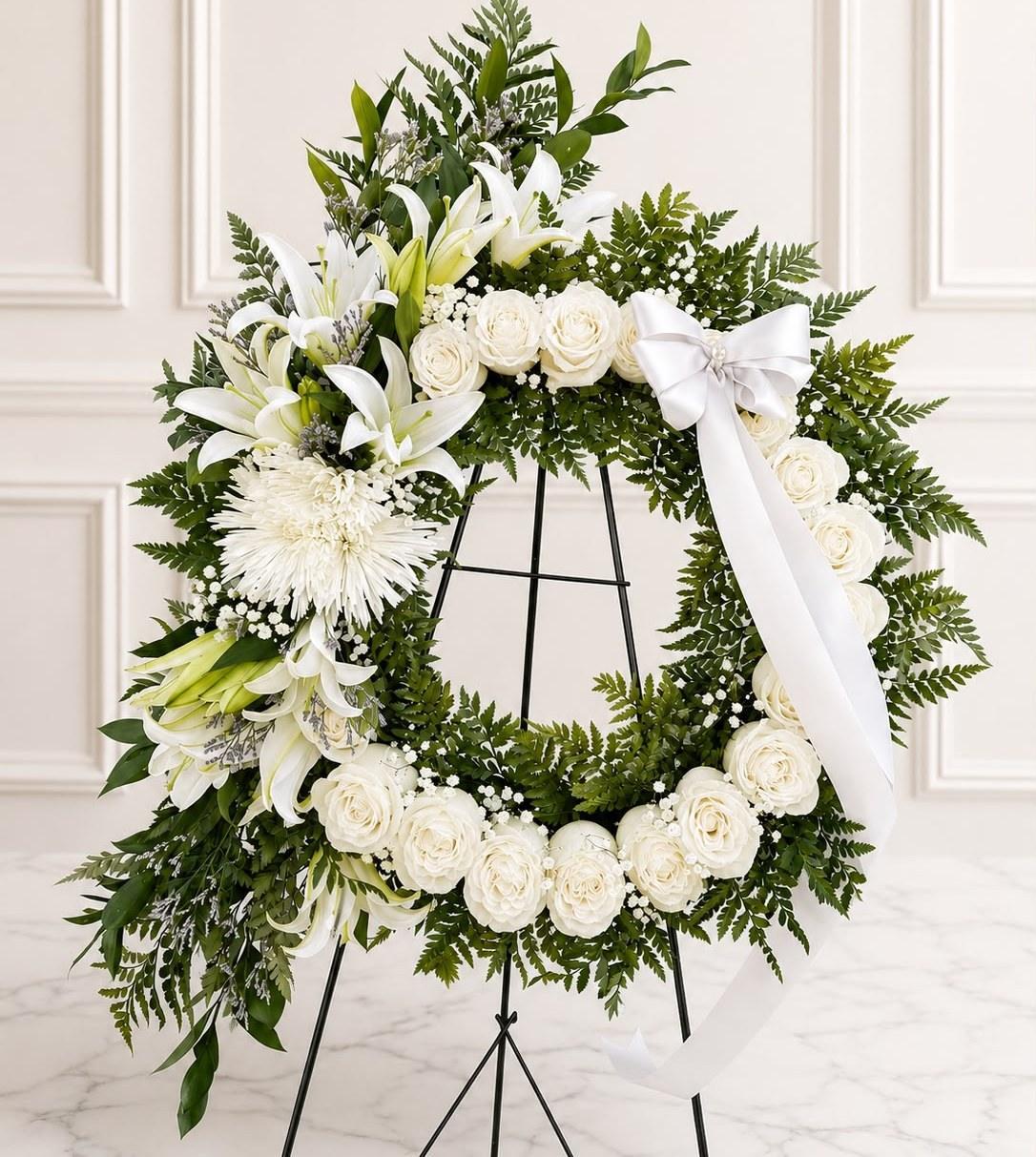 White funeral wreath of lilies and roses by Olympus Flowers